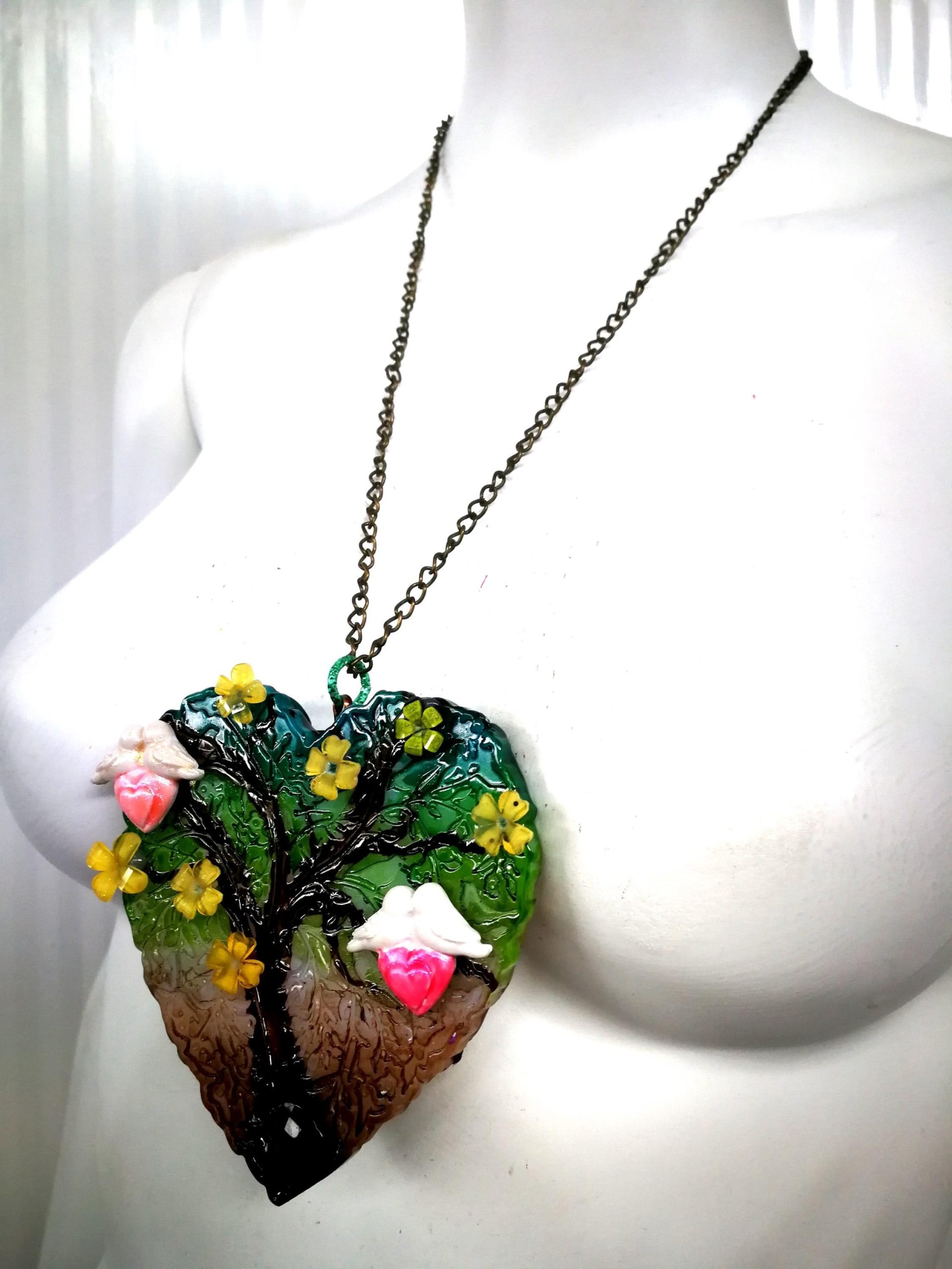 Tree of Life Necklace, Belle Epoque Jewelry, Art Nouveau Heart Sculpture Pendant Love Bird Yggdrasil
