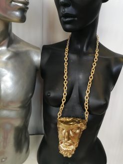 Antique Greek Statue, Head Face Portrait Sculpture Necklace, Pendant Chunky Jewelry Statement Brutalist Chain