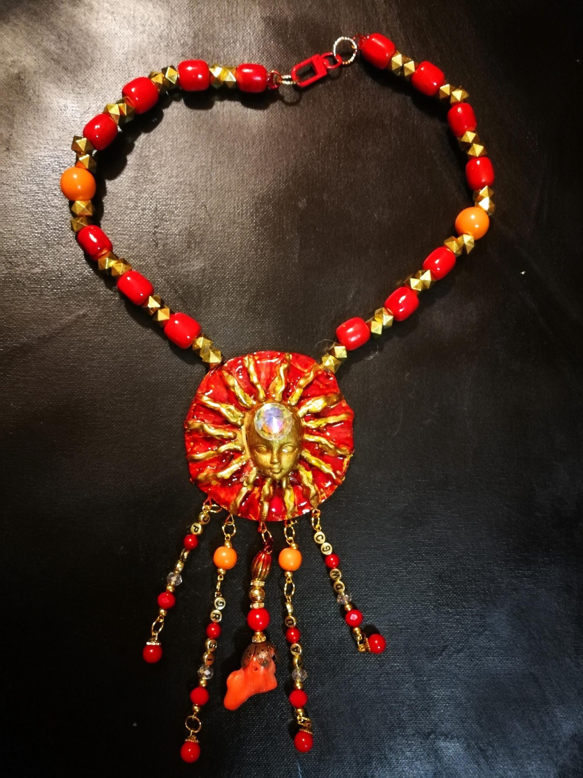 Red & Gold Sun Face Pendant Necklace, Beaded Dangles OOAK Wearable Art Statement Bold Jewelry