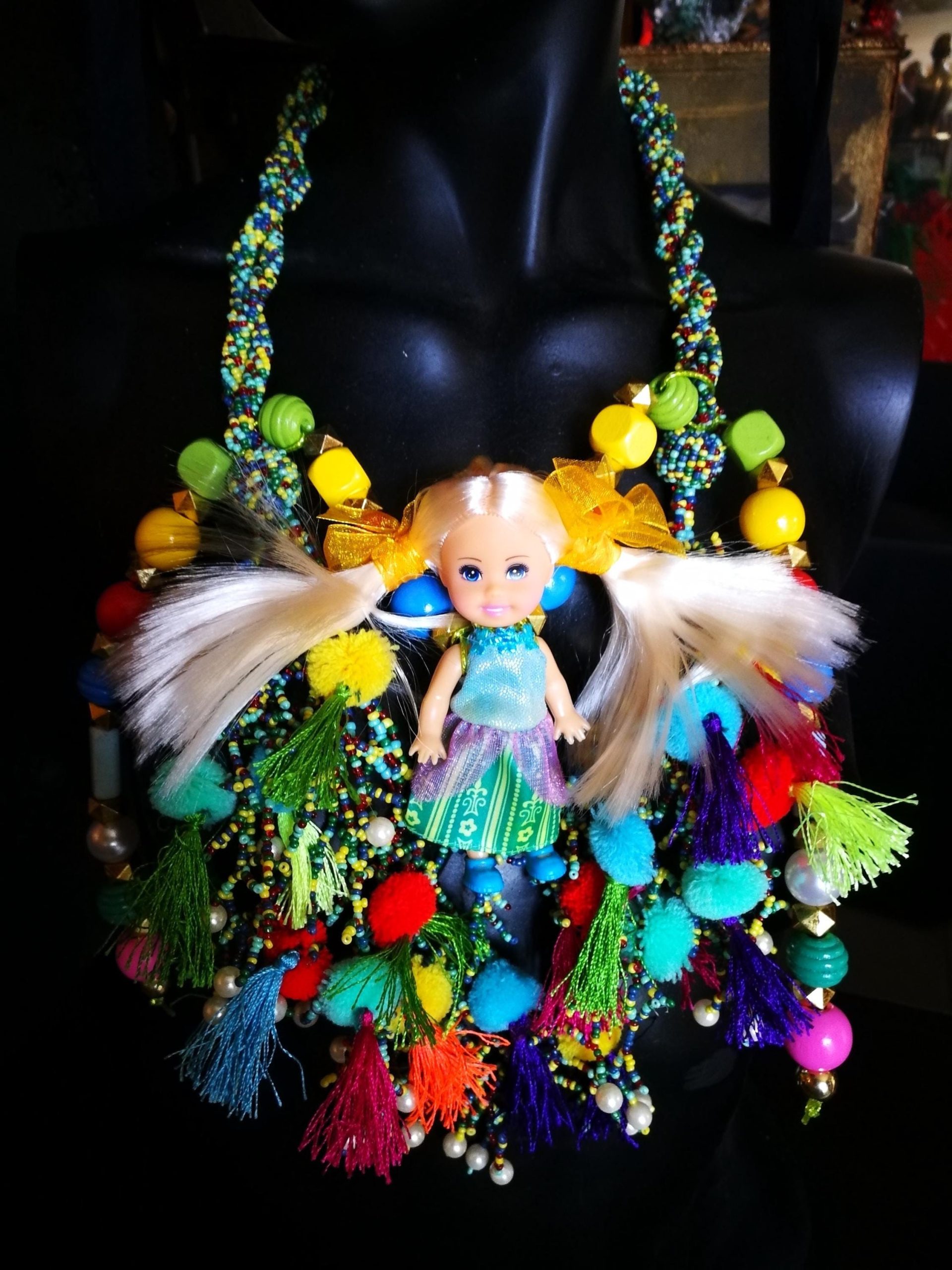 Designer Jewelry, Chunky Necklace Charm Pendant, Extravagant Boho Doll Folk Collar Bib Folkloric Assemblage