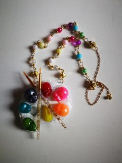 Artist Palette Jewelry, Painter Sculpture Pendant Rainbow Beaded, Doll Head Face Chunky Statement Necklace