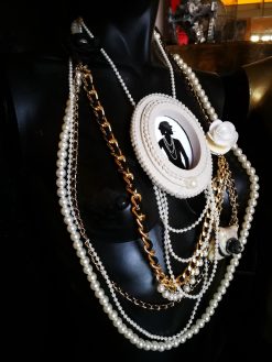 Assemblage Jewelry Vintage Cameo Silhouette, Elegant Classic Statement Pendant, Madame Coco Chain Pearl Necklace