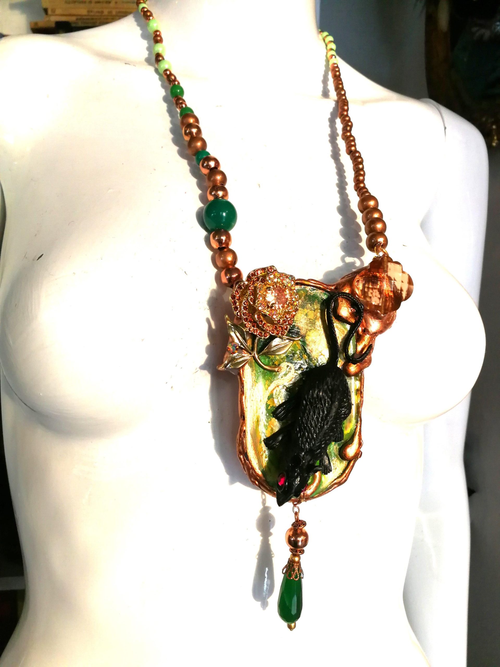 Statement Necklace, Animal Nature Pendant Collar, Liberty Jewelry Collier Copper Crystal, Mouse Pearl Gemtones