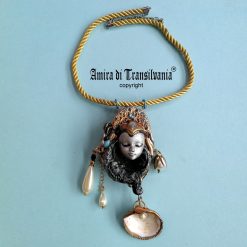 Belle Epoque Jewelry, Liberty Doll & Moon Sculpture Pendant Statement Golden Age Pearl Shell Charm
