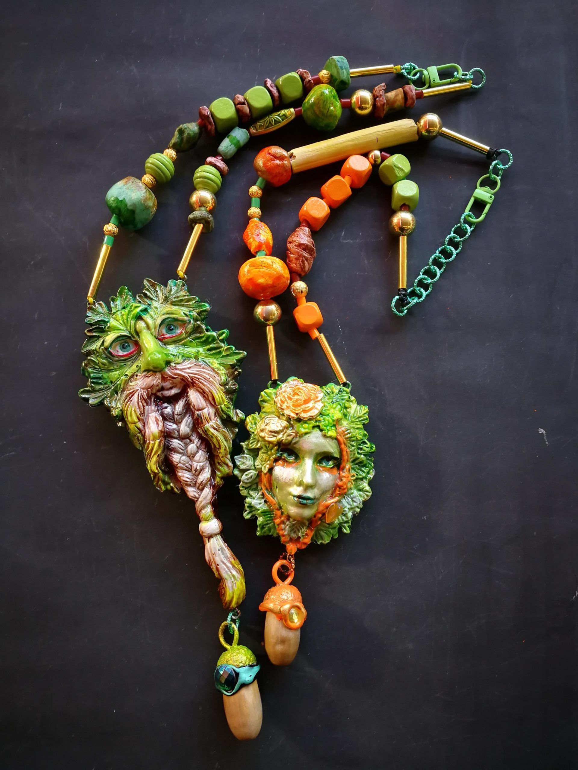 Handmade Forest Spirit Necklace, Green Witch Beaded Charm