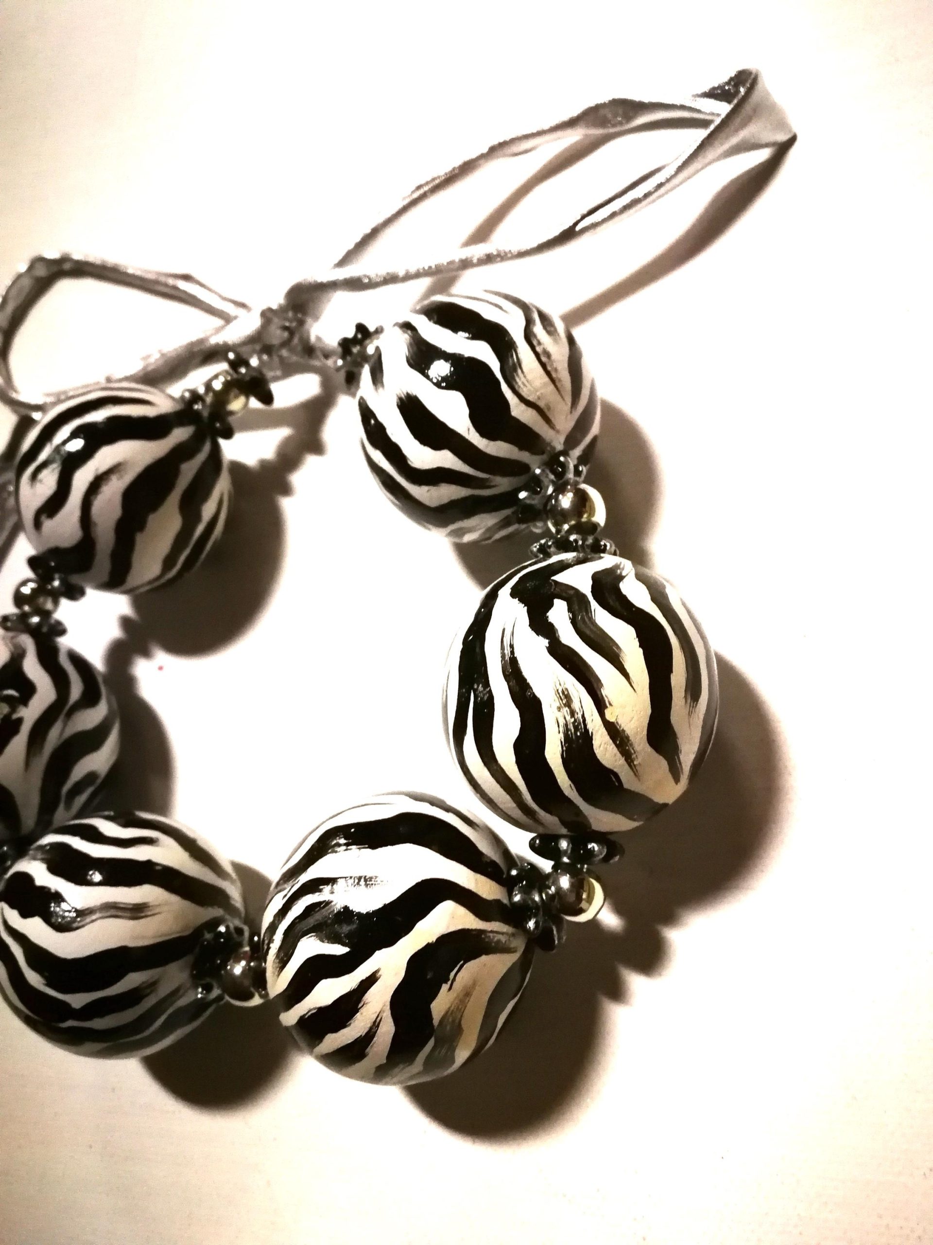 Oversize Beaded Necklace, Hand Painted Zebra Black & White Statement OOAK Couture Jewelry Sculptured Wild
