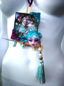 Doll Head Necklace, Artist Palette OOAK Pendant, Big Bold Chunky Tassel Statement Sculpture Jewelry