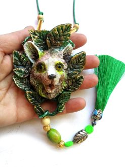 Statement Necklace - Animal Pendant Luxury Art Jewelry - Mountain Bear Forest Totem Sculptural Beaded Design