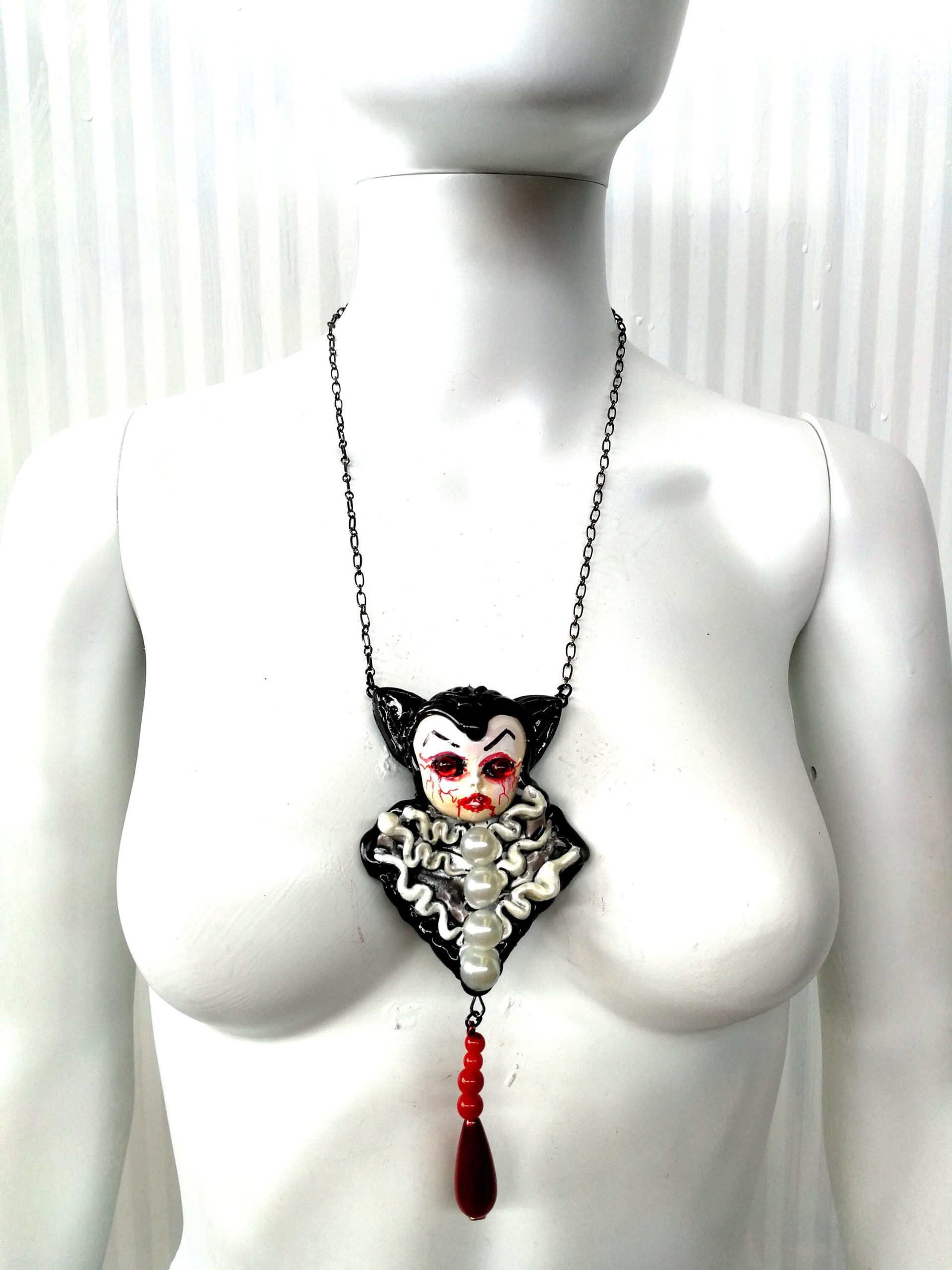 Bat Vampire Doll Pendant, Dracula Transilvania Gothic Jewel, Locket Medallion Charm, Jewelry Sculpture Necklace
