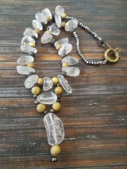Quartz Necklace, Statement Chunky Jewelry, Clear Crystal Large Natural Stone, Gold Beaded Chain Designer