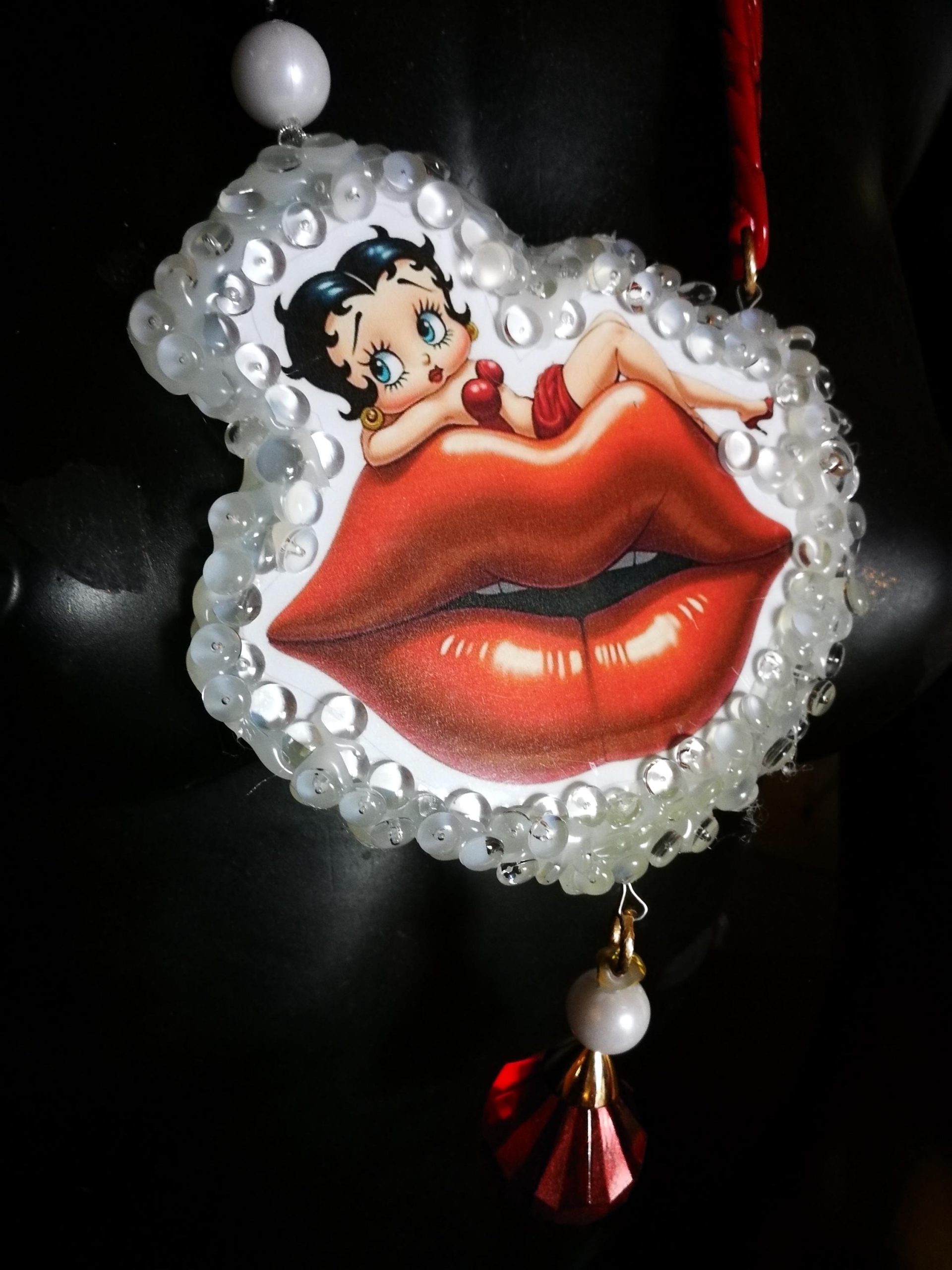 Betty Boop Figurine Whimsical Statement Necklace, OOAK Kiss & Lips Jewelry Old Hollywood Femme Fatale