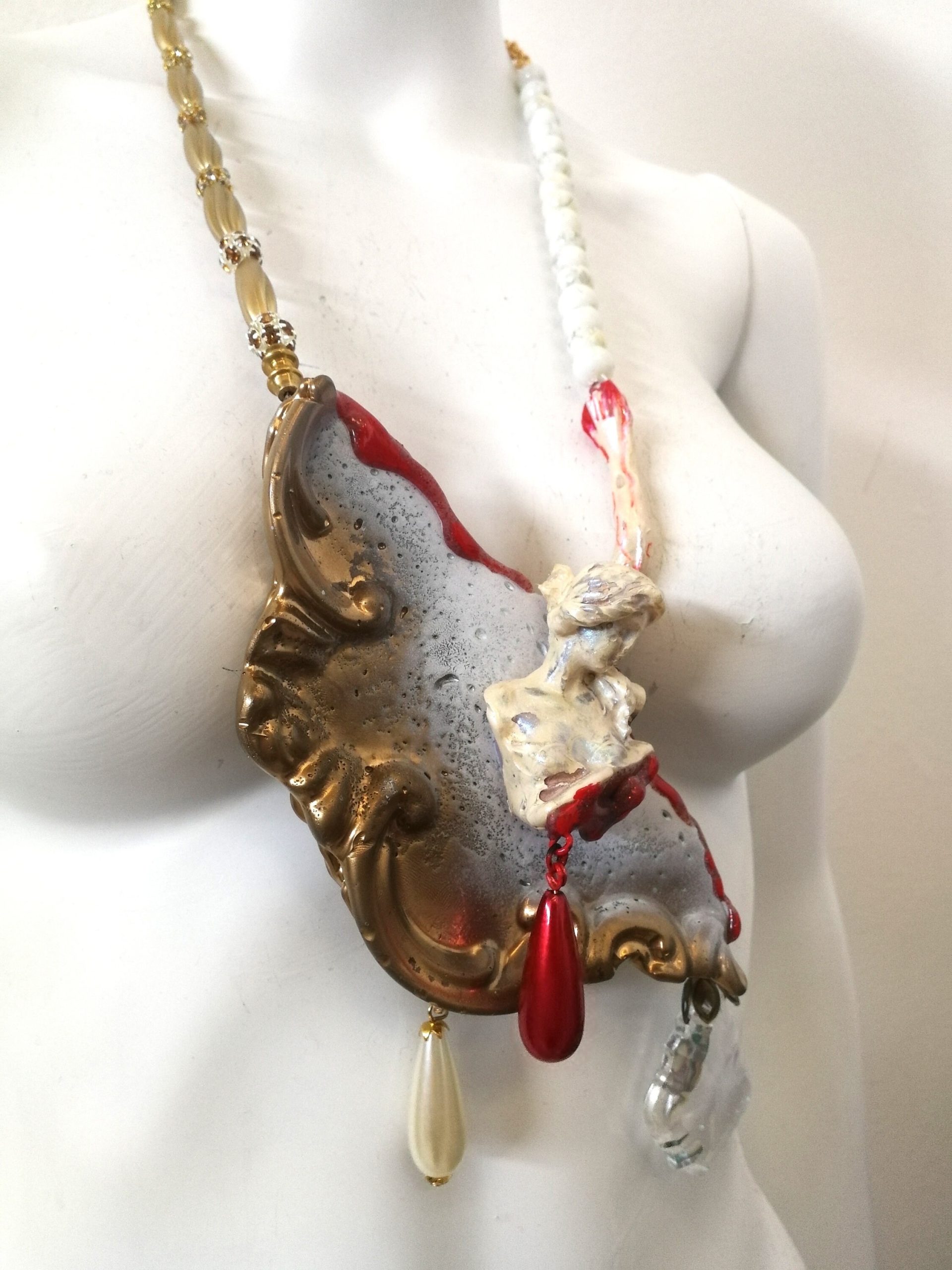 Dramatic Jewelry Baroque Luxury Bib Pendant, Sculptural Antique Statue Charm Crystal & Pearl Statement Necklace