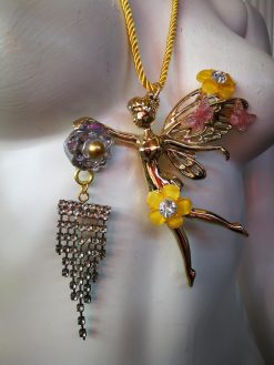 Fairy Wings Jewelry, Fairies Tale Golden Ballerina Butterfly Doll Pendant, Ballet Dance Figure Necklace