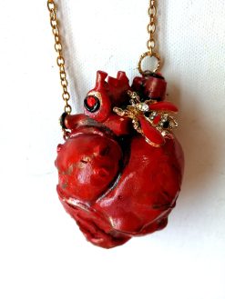 Anatomical Heart Red Necklace, Bee Nest Pendant Lucky Charm, Sculptural Statement Jewelry Choker Chain
