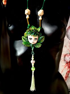 Mandragora Necklace, Statement Jewelry Doll Head Pendant, Leaves Greenery Forest Wild Plant, Mandrake Charm