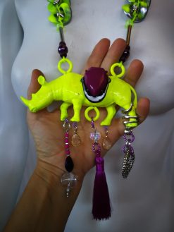Rhinoceros Necklace, Designer Jewelry, Extravagant Pendant Animal Rhino, Whimsical Charm Beaded Oddities Locket Bib