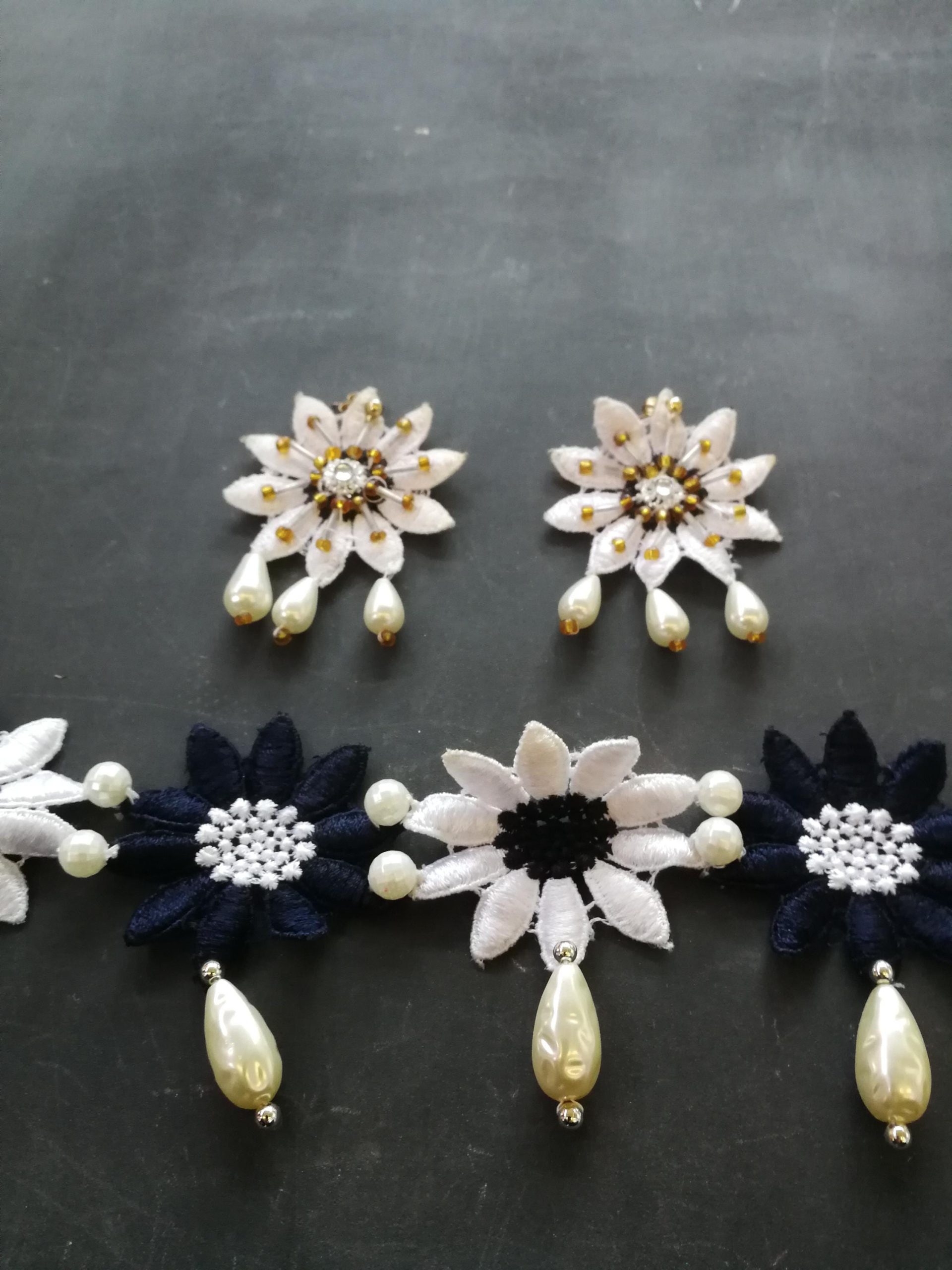 Bride Jewelry Set, Macrame Earrings Choker Embroidered, Pearl Wedding Accessories, Crochet Lace Flower Necklace
