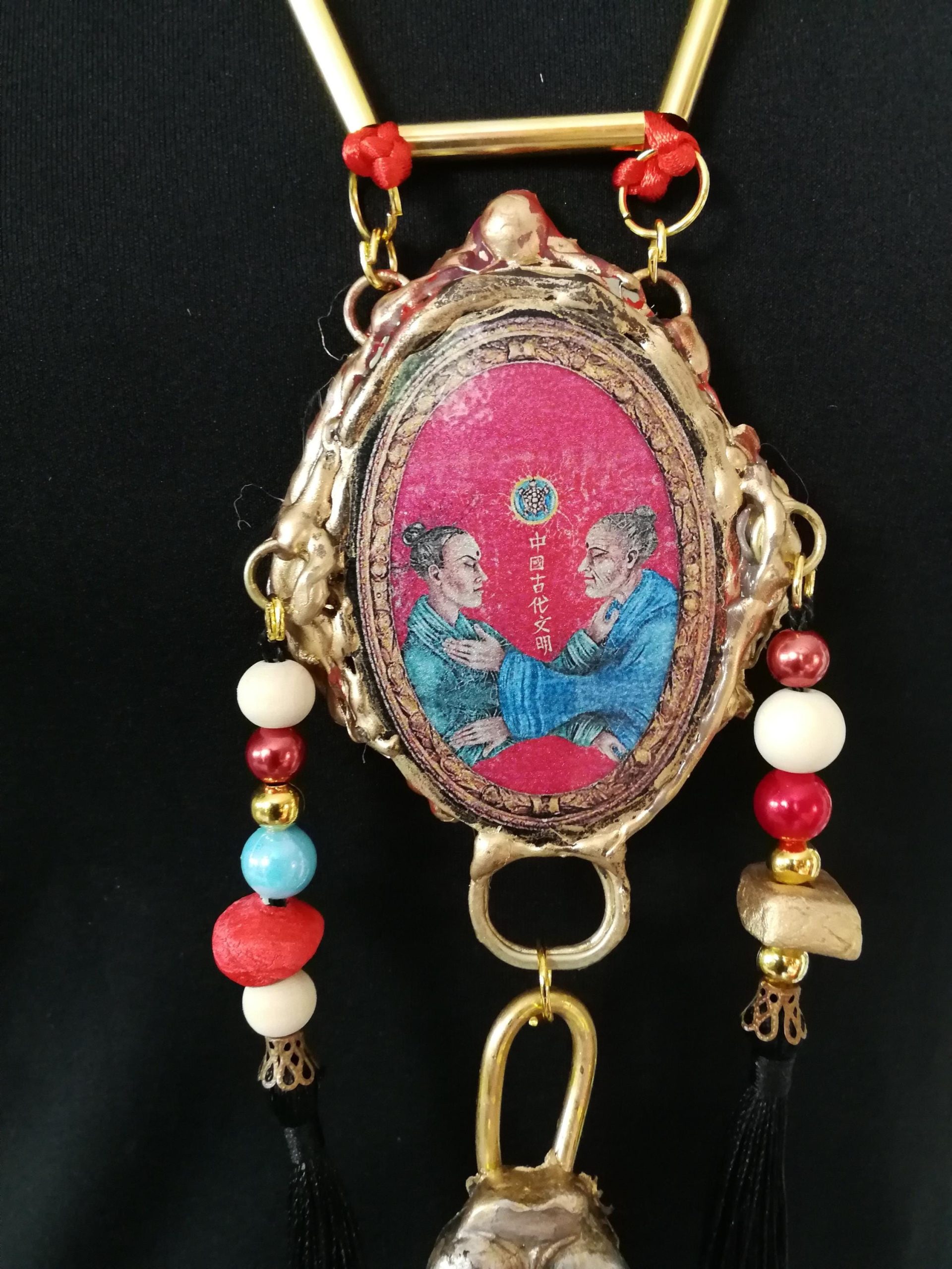 Buddha Jewelry, Statement Necklace Chunky Tribal Beaded Choker, Buddhist Pendant & Dragon Eye Sculptural Luxury