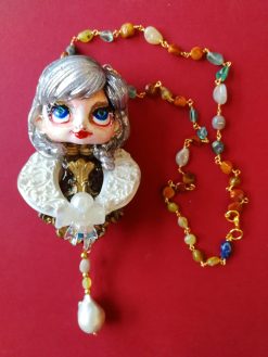 Art Deco Pendant - Statement Necklace Luxury Sculpted Doll, Natural Pearl Vintage Gemstone Couture Jewelry
