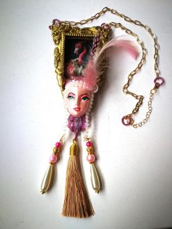 Pink Flamingo Jewelry, Exotic Bird Pendant, Doll Head Sculpture, Baroque Charm Necklace Feather & Tassel