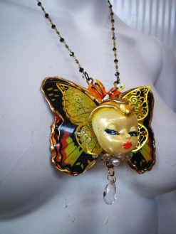 Butterfly Necklace, Doll Head Pendant Statement Jewelry, Sculptural Liberty Belle Epoque Golden Age Charm