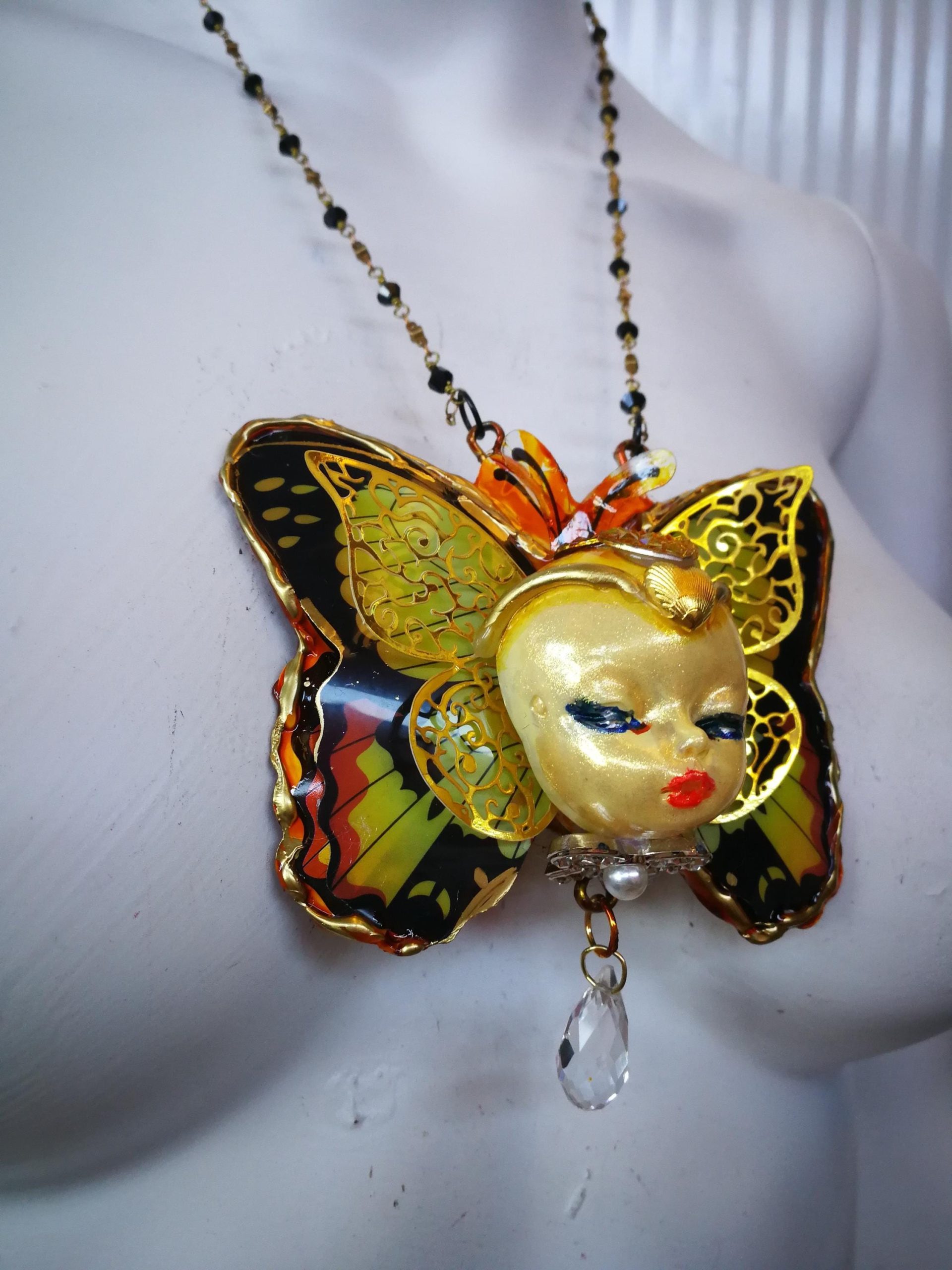 Butterfly Necklace, Doll Head Pendant Statement Jewelry, Sculptural Liberty Belle Epoque Golden Age Charm
