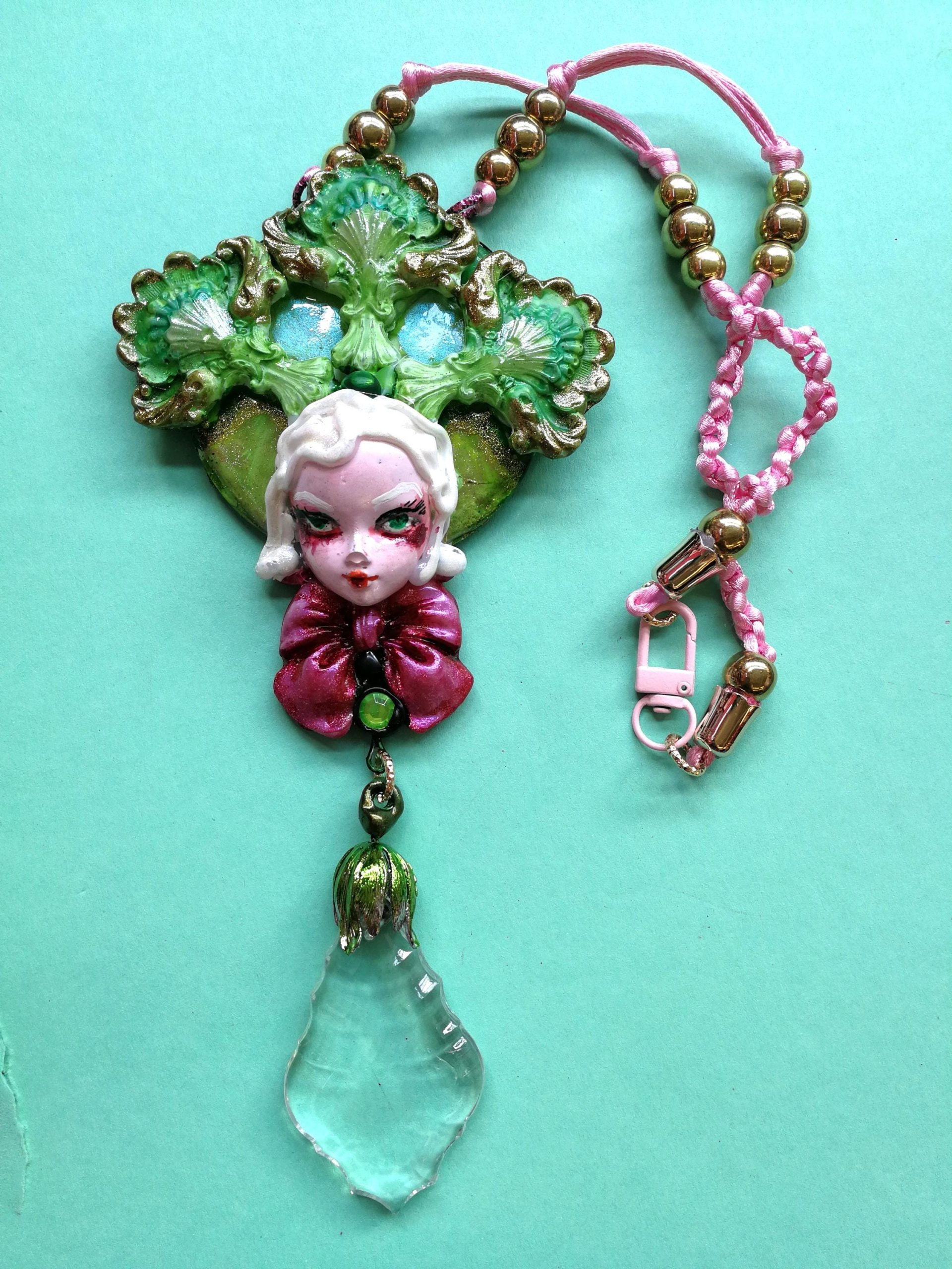Statement Jewelry, Belle Epoque Sculpture Pendant, Four Leaf Clover Necklace Bib, Flower Crystal Charm