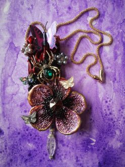 Art Nouveau Necklace, Flower Leaf Elegant Pendant, Jewelry Spider Insect, Butterfly Orchid Crystal Charm