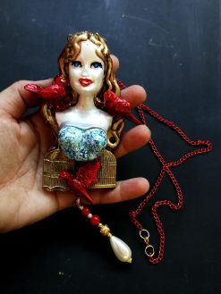 Belle Epoque Jewelry, Art Deco Doll Head Sculpture Pendant, Red Bird Cage Golden Liberty