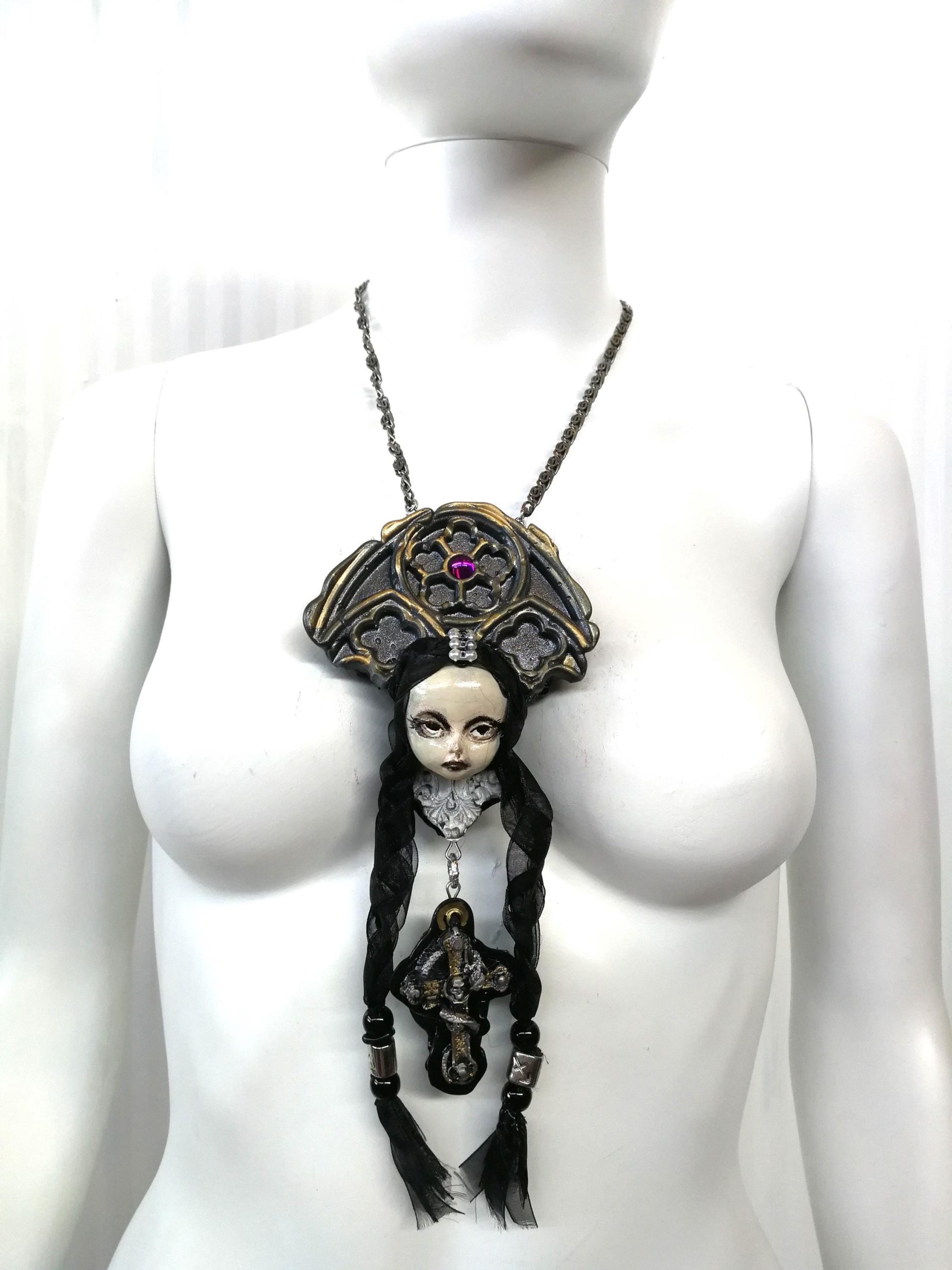 Gothic Necklace, Doll Head Sculpture Pendant, Wednesday Addams Goth Jewel Charm, Fairy Tale Jewelry