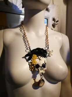 Victorian Gothic Jewelry, Baroque Statement Pendant Memento Mori, Skull Crowned Crow Black Raven Necklace