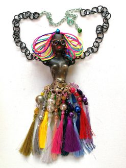 African American Doll Statement Necklace, Chunky Bold Sculpture Jewelry, Tassel Pendant Chain & Beaded Charm