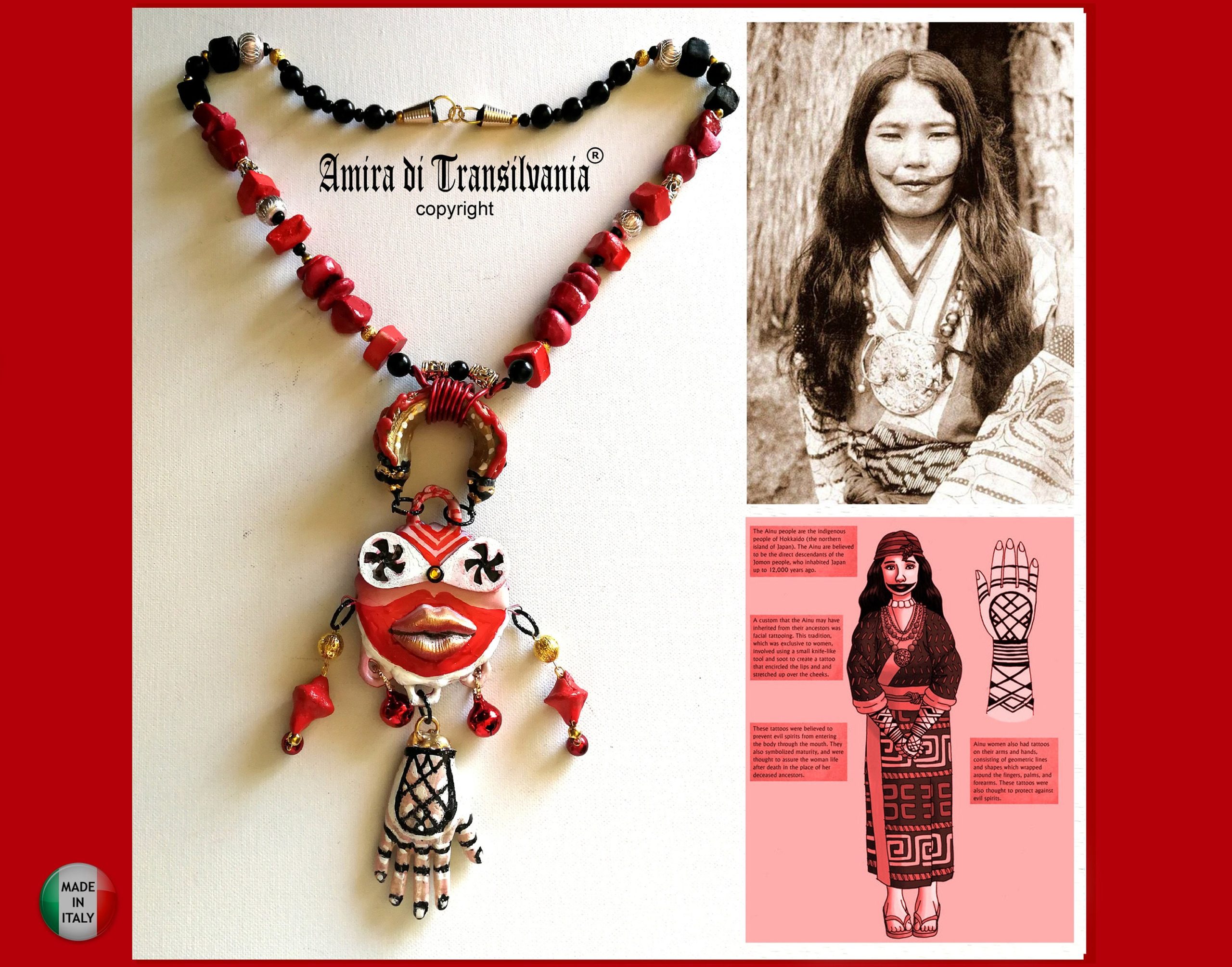Tribal Jewelry Ainu Tribe, Japanese Folk Chunky Pendant, Helping Hand Statement Necklace Charm Maximalist
