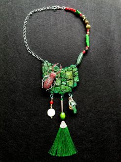 Scarab Beetle Pendant, Insect Necklace Forest, Maximalist Luxury Statement Jewelry Bib Tassel Charm Stone