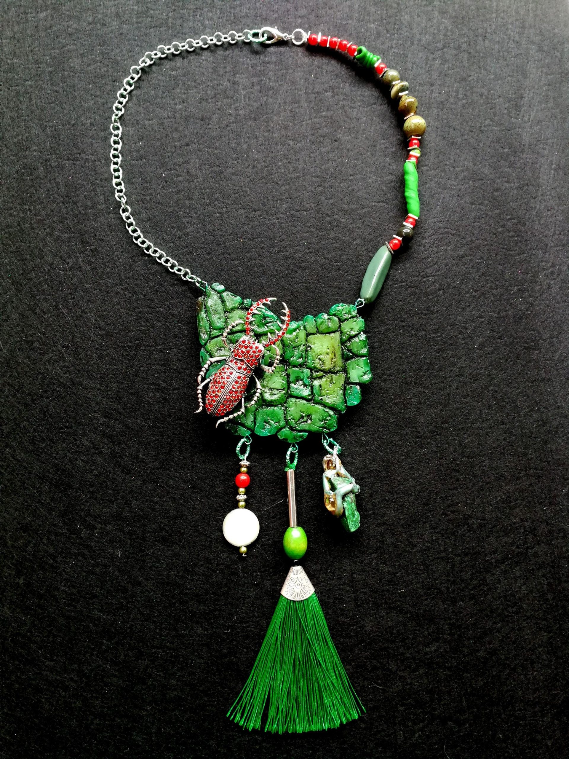 Scarab Beetle Pendant, Insect Necklace Forest, Maximalist Luxury Statement Jewelry Bib Tassel Charm Stone