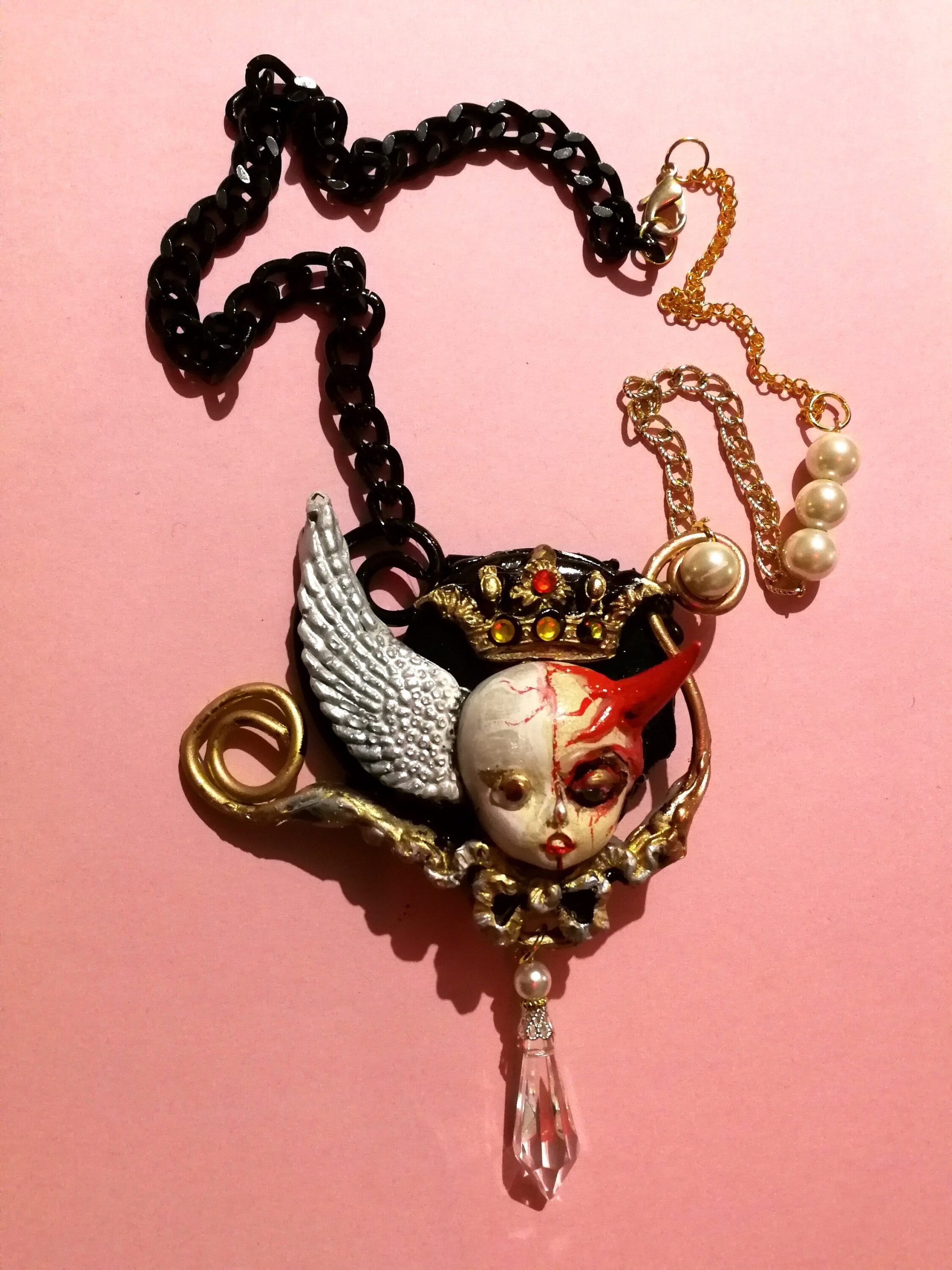 Angel and Demon Pendant, Vintage Doll Necklace, Devil Horn Jewelry, Winged Cherub Beaded Charm