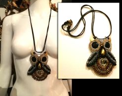 Owl Pendant, Statement Jewelry Nocturnal Bird Gothic Necklace, Embroidered Pendant Beaded Pearl Crystal Charm
