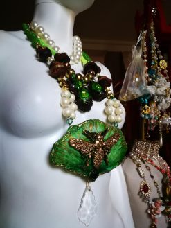 Fine Jewelry, Fan Leaf Bold Necklace, Chunky Pendant Art Nouveau Nature Pearl Crystal Charm