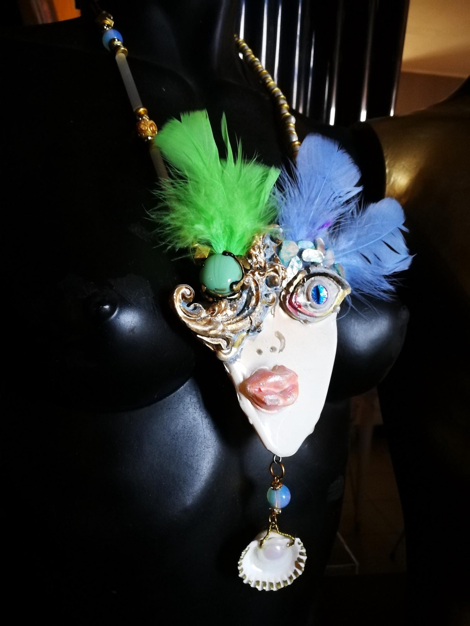 Lady Face Necklace, Belle Epoque Charleston Gasby Pendant Chunky Portrait, Amazzonite & Shell Jewelry Charm