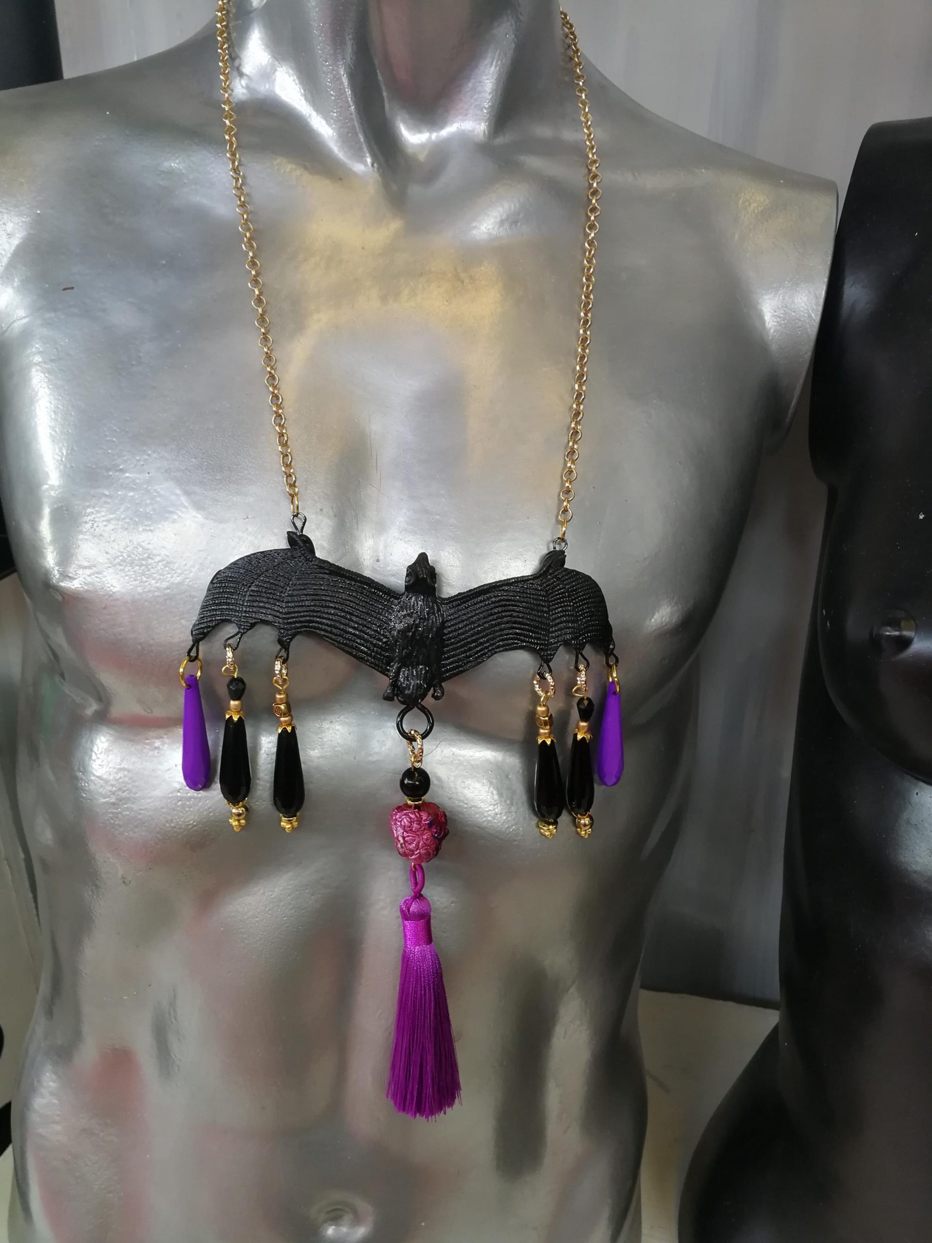 Bat Vampire Jewelry Dark Necklace, Beaded Tassel Pendant Chain, Gothic Punk Rock Jewel Charm