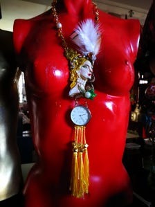 Watch Jewelry Statement Luxury Pendant Necklace Royal Portrait Sculptural Couture Clock & Feather Tassel Jewel