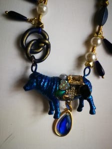 Whimsical Jewelry Big Bold Chunky Necklaces Oversized Pendant Animal Blue Sheep Maximalist Layered Lariat