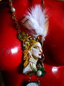 Watch Jewelry Statement Luxury Pendant Necklace Royal Portrait Sculptural Couture Clock & Feather Tassel Jewel