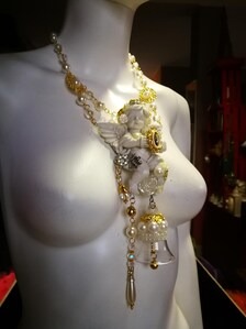 Fine Jewelry Set Statement Earrings and Necklace Musical Angel Sculpture Carving Couture Jewel Charm