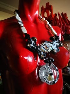 Orgonite Paradise, Black & White Statement Jewelry Massive Pendant Abstract Necklace Luxury Couture Sculpted Glass