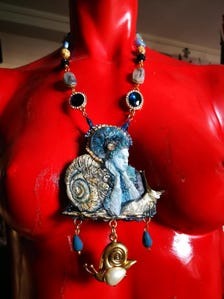 Snail Necklace Fine Luxury Statement Whimsical Jewelry Sculpted Portrait Pendant Gold Crystal Pearl & Stone