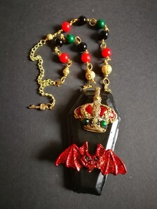 Vampire Jewelry Sculpted Coffin Necklaces Transylvania Dracula Castle Gothic Red Bat Dark Macabre Pendant