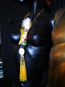 Watch Jewelry Statement Luxury Pendant Necklace Royal Portrait Sculptural Couture Clock & Feather Tassel Jewel
