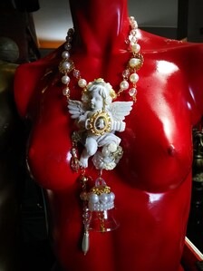 Fine Jewelry Set Statement Earrings and Necklace Musical Angel Sculpture Carving Couture Jewel Charm