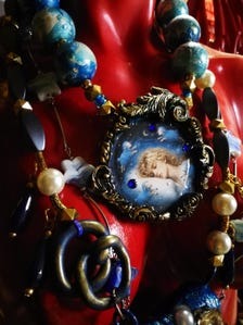 Whimsical Jewelry Big Bold Chunky Necklaces Oversized Pendant Animal Blue Sheep Maximalist Layered Lariat